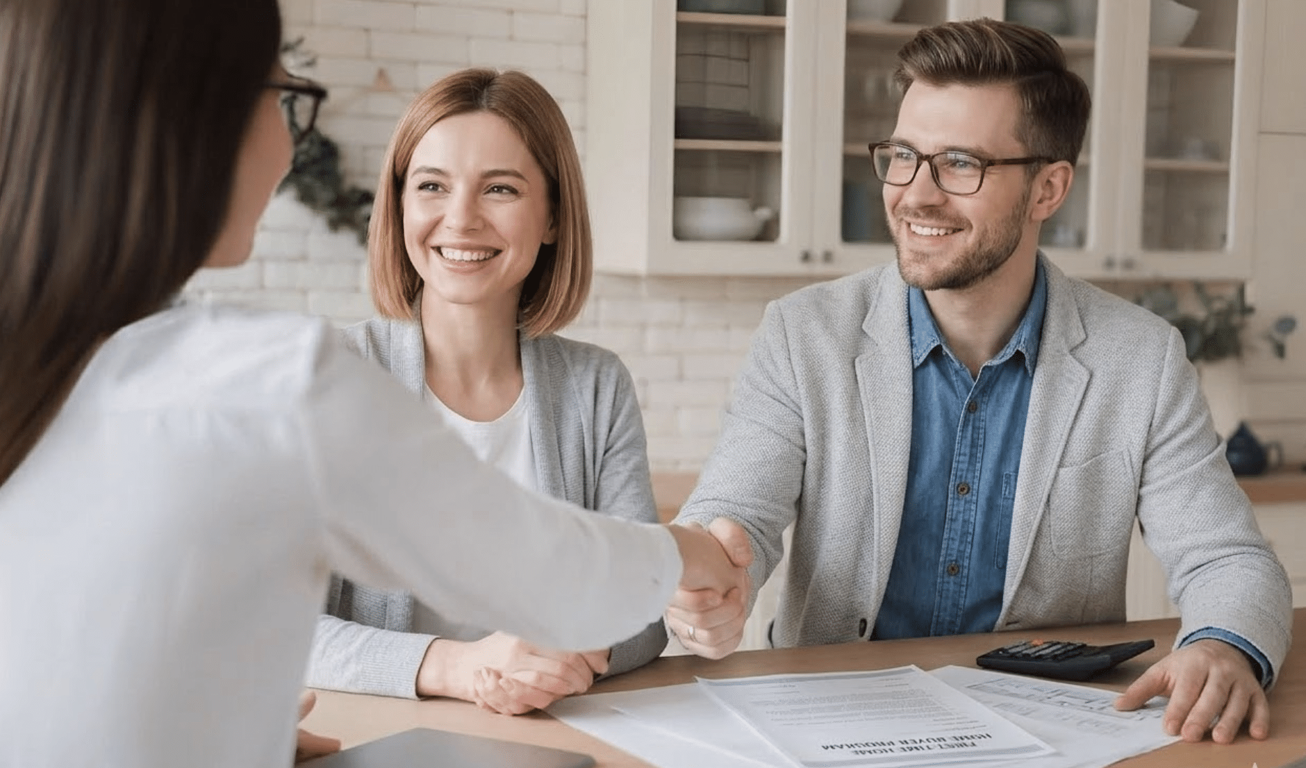 A First-Time Buyer’s Guide to Property Searches in Lancashire Young couple shaking hands with female real estate agent in modern kitchen