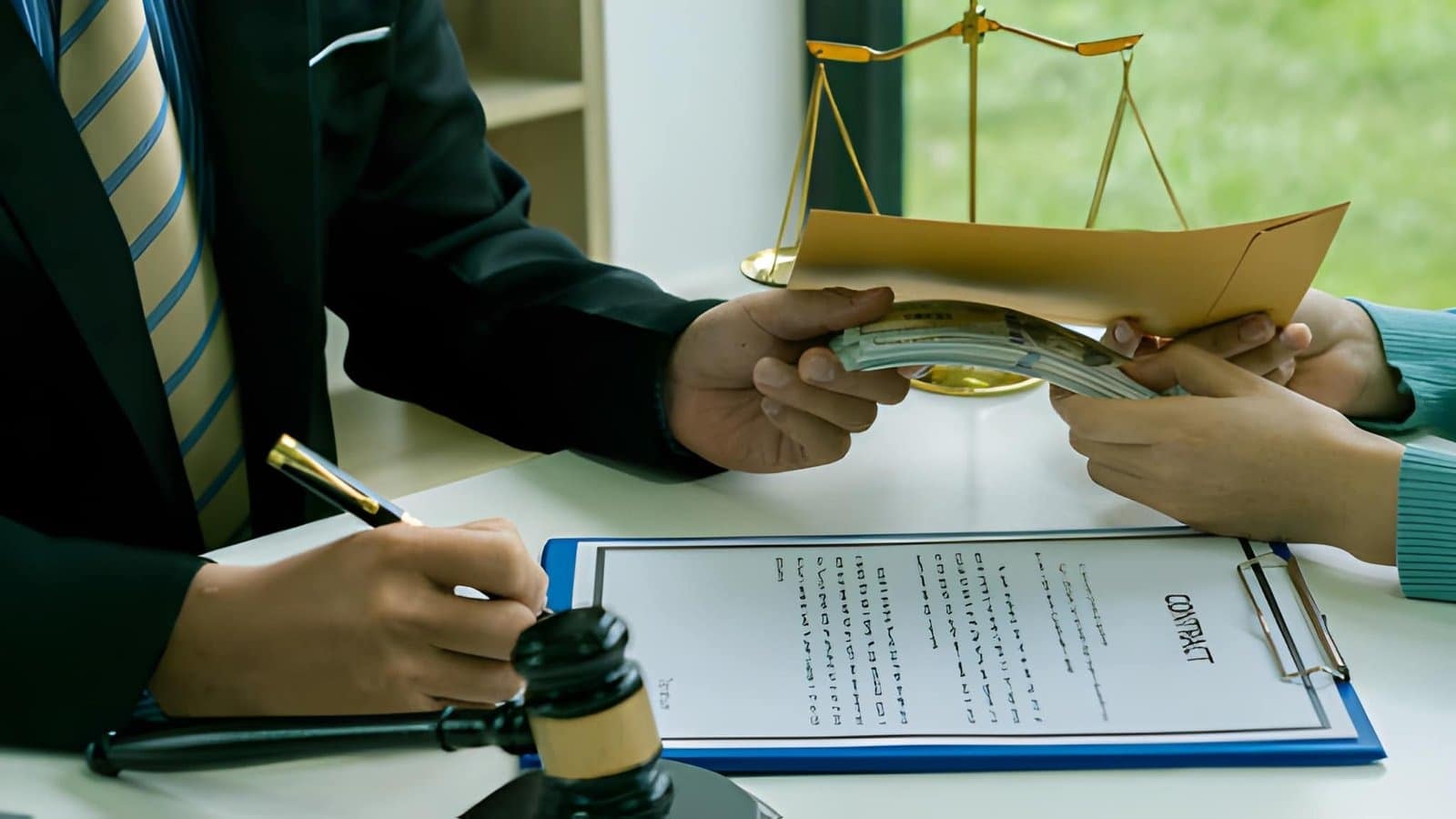 Hidden Costs in UK Property Conveyancing Lawyer receiving bribe money with scales of justice